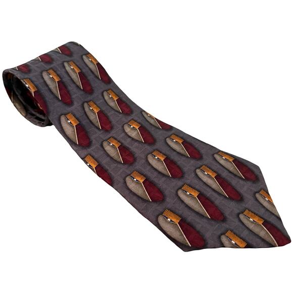 Vintage 90s Oscar de la Renta Gray Burgundy Orange Ovals 100% Silk Tie Necktie - Picture 1 of 7
